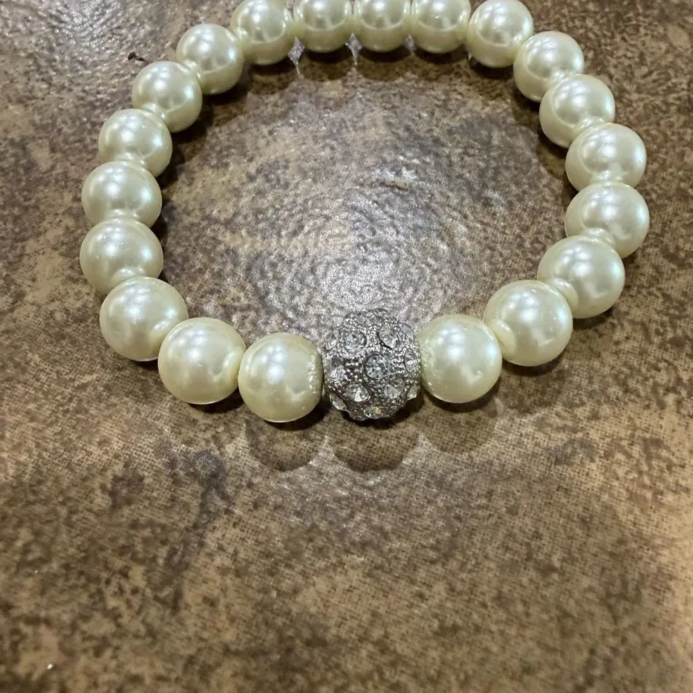 Bridal Faux Pearl 3pc Set Necklace Bracelet Earrings pearls Rhinestone